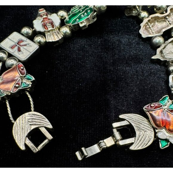 Vintage Christmas Enamel Charm Slide Bracelet Goldtone - Picture 3 of 6